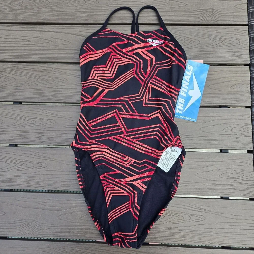 TYR The Finals MAIZE Swimsuit Swan Back 1-Piece Red Girls- Size 22 New